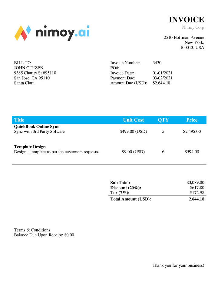 USA Nimoy Corp invoice template PSD template